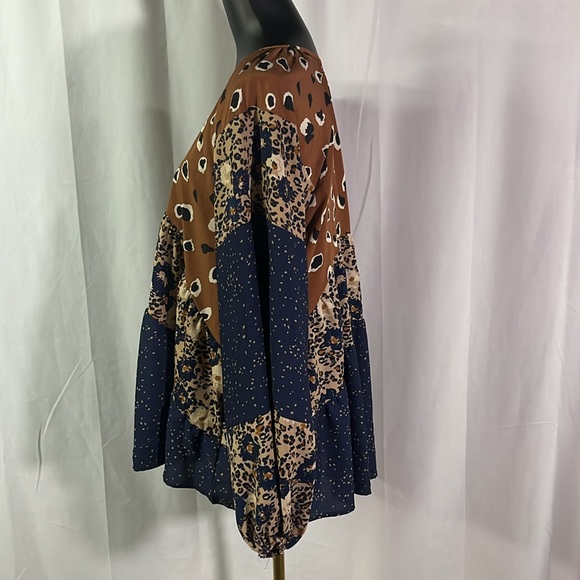 Hailey & Co. Navy Brown & Beige Mixed Print V-Neck Babydoll Blouse - Picture 2 of 16